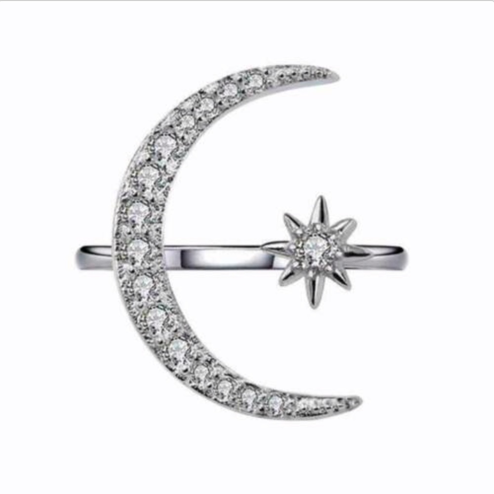 Real Sterling Silver Moon Star Diamond Ring - Picture 2 of 4